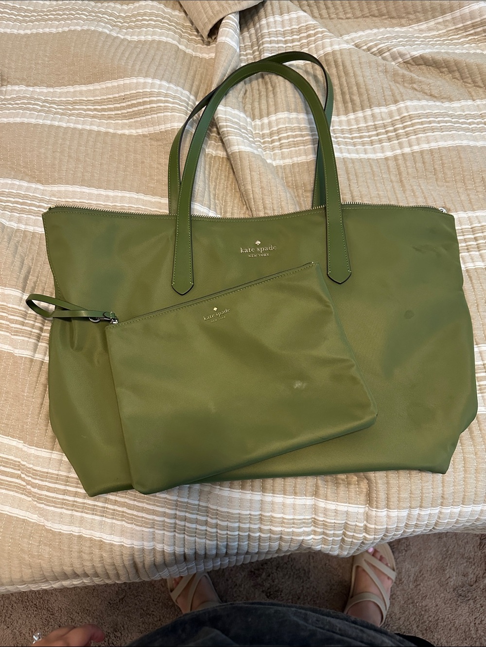 kate spade olive green nylon tote with matching pouch